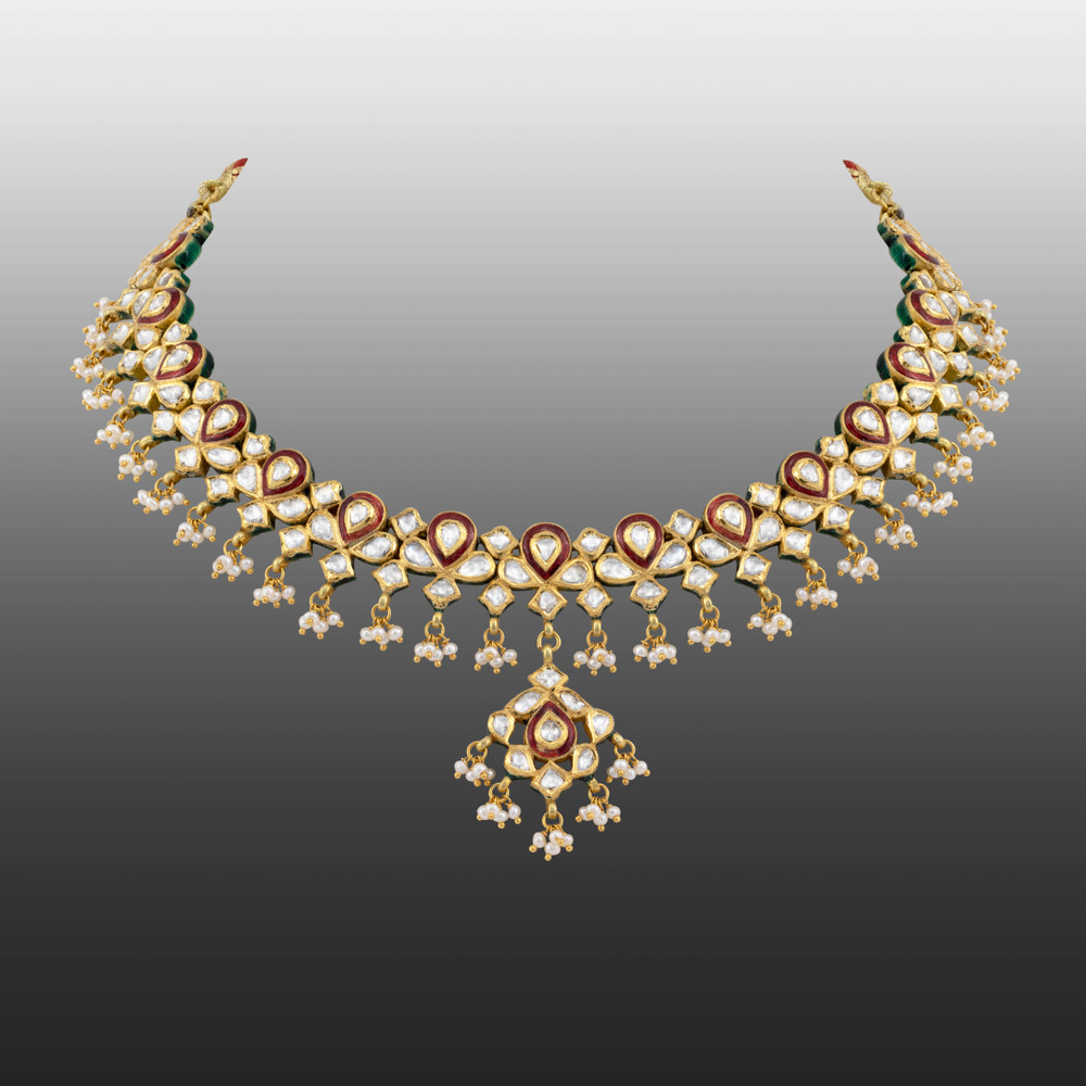 Polki Necklace with Red Enamel and Pearl Bead Clusters